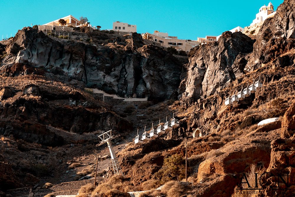 The cable car line down the caldera cliff to the old port