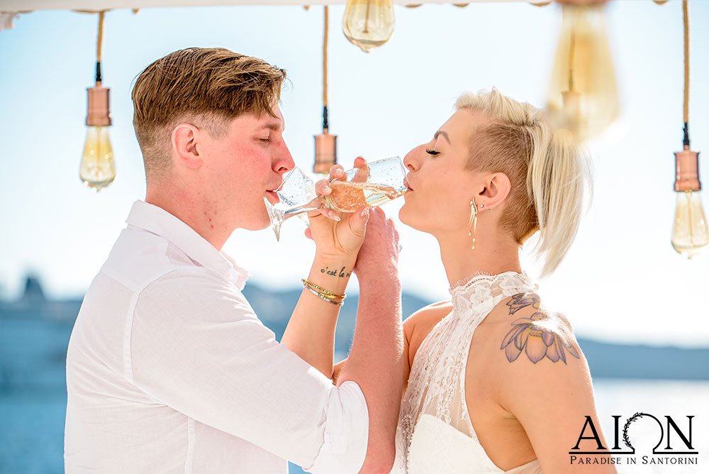 Evening light on Grace and Brennan's wedding dinner at AION